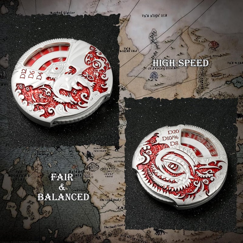 DNDND مجموعة نرد معدنية دوارة 7 في 1 لنرد D&D مع صندوق هدايا فاخر لألعاب الزنزانات والتنين والألعاب اللوحية (فضي مع أحمر) - Image 5